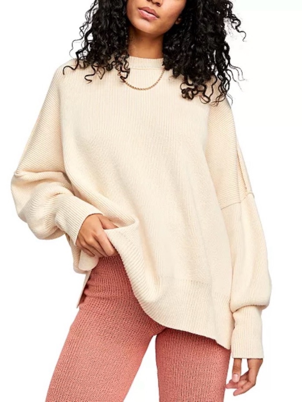 Free People Cream Oversized Crewneck Sweater boxy Cotton blend Medium